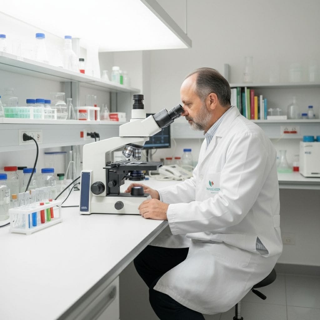 Observando con el microscopio comprimido Dr. Miguel T. Hernandez observando con el microscopio una frotis sanguineo sangre diagnostico