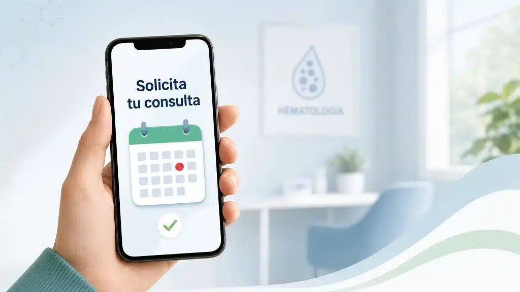 Solicitar consulta de hematología Mano sosteniendo un móvil con calendario para solicitar consulta de hematología en Tenerife